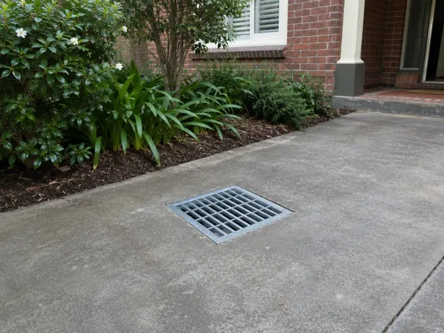 Concrete driveway with a seated stormwater grate beside brick house and garden in Homebush